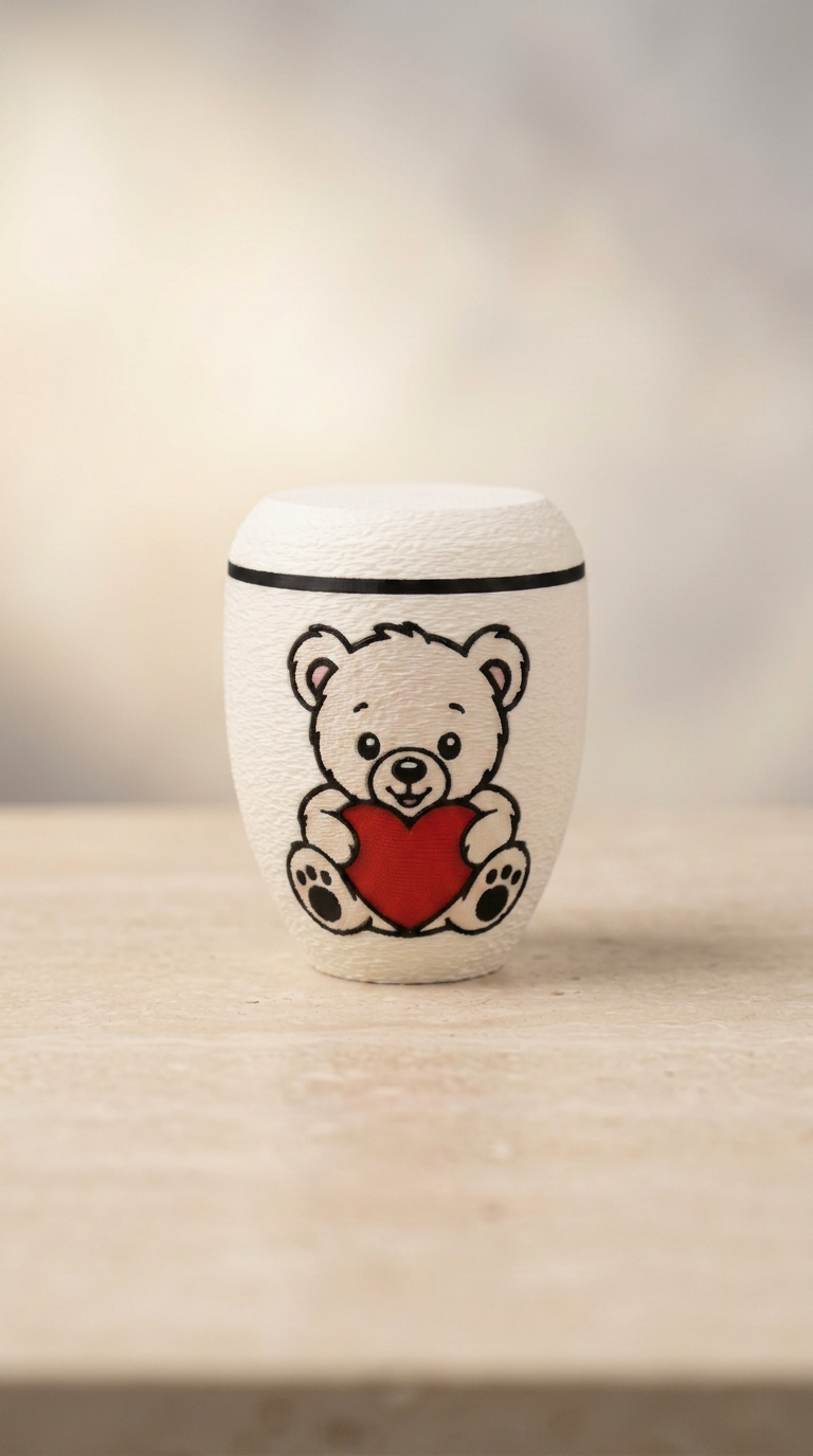 Weiße Urne mit weißem Teddybär, rotem Herz und schwarzem Zierring