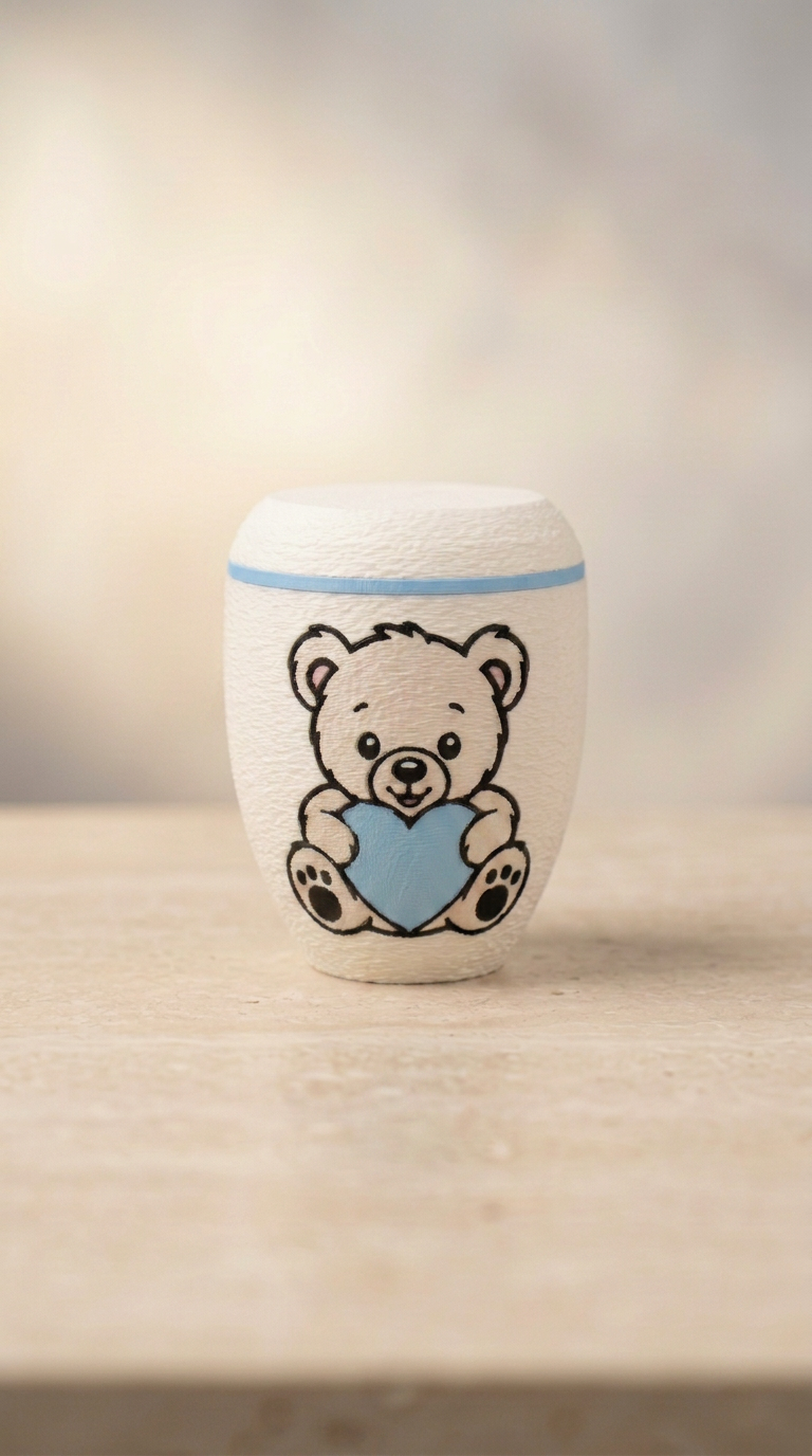Weiße Urne mit weißem Teddybär, hellblauem Herz und hellblauem Zierring